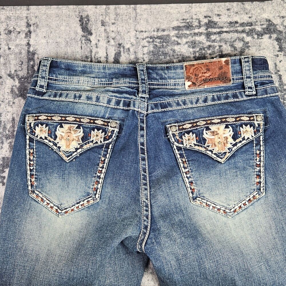Grace in LA Jeans Womens Size 29 Blue Western Steer Head Easy Fit Whiskers